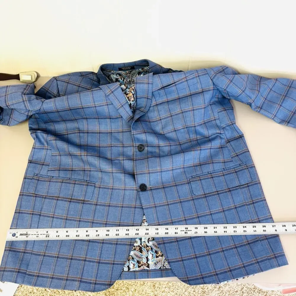 Sam Surin Blazer Jacket 2 Button Blue Plaid Size 50L Biella Italy Wool Fabric